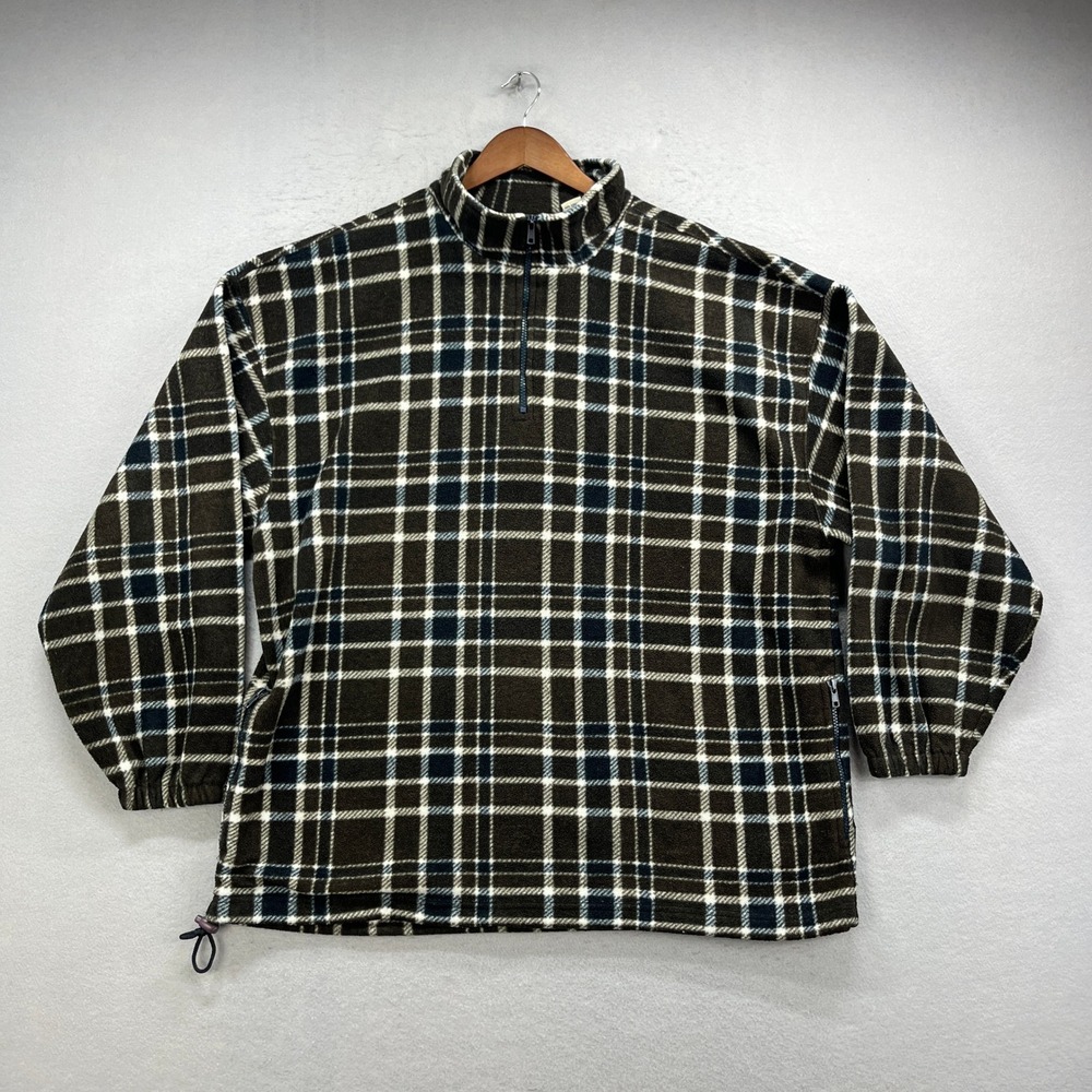 Fieldmaster Fleece Pullover Mens XL Brown Plaid 1/4 Zip Camp Gorpcore Outdoor